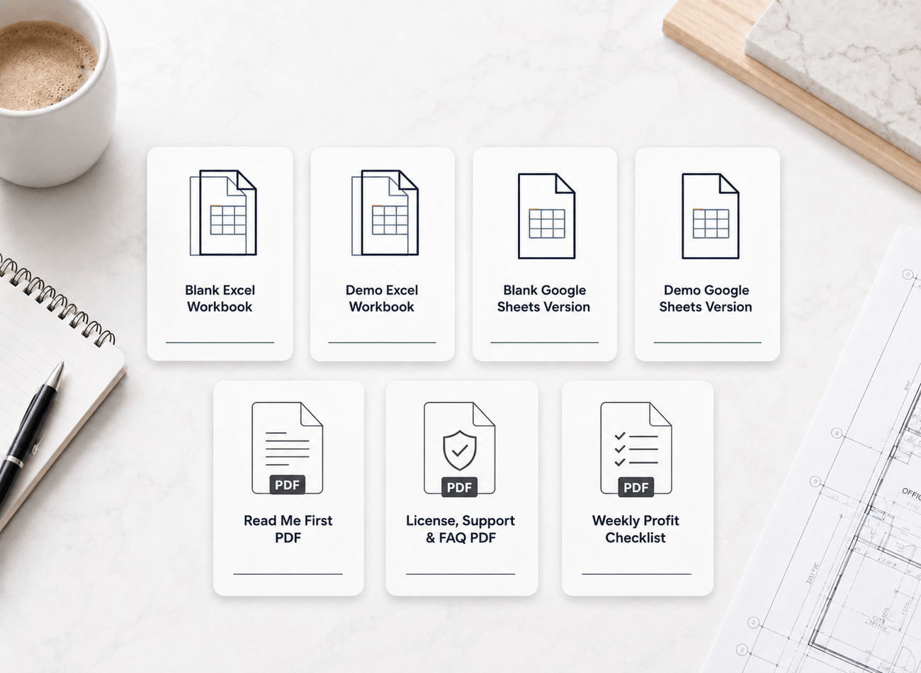 Included files visual showing the Excel workbook, Google Sheets version, Read Me First PDF, license and FAQ PDF, and weekly checklist