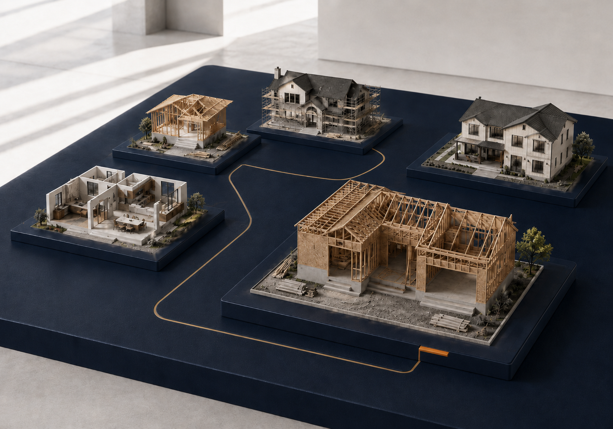 Five residential contractor project maquettes on a navy platform with a bronze route line and one amber status marker